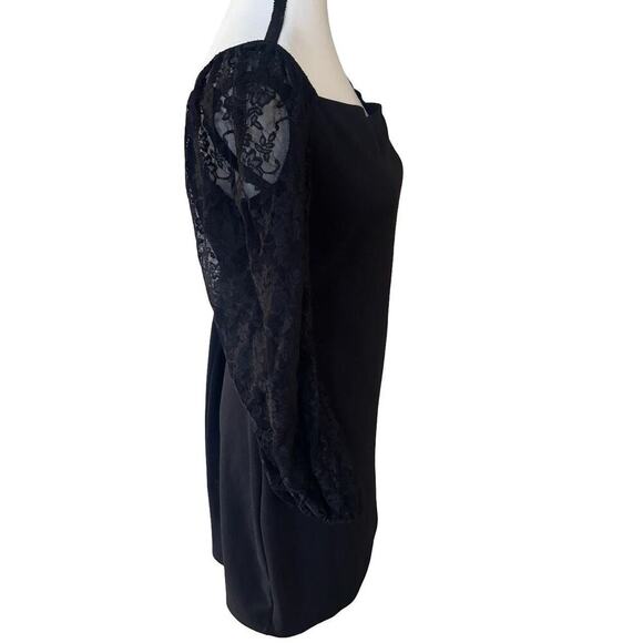 BEBE BLACK LACE SLEEVE MINI SQUARE NECK DRESS SIZE LARGE. - Picture 7 of 9